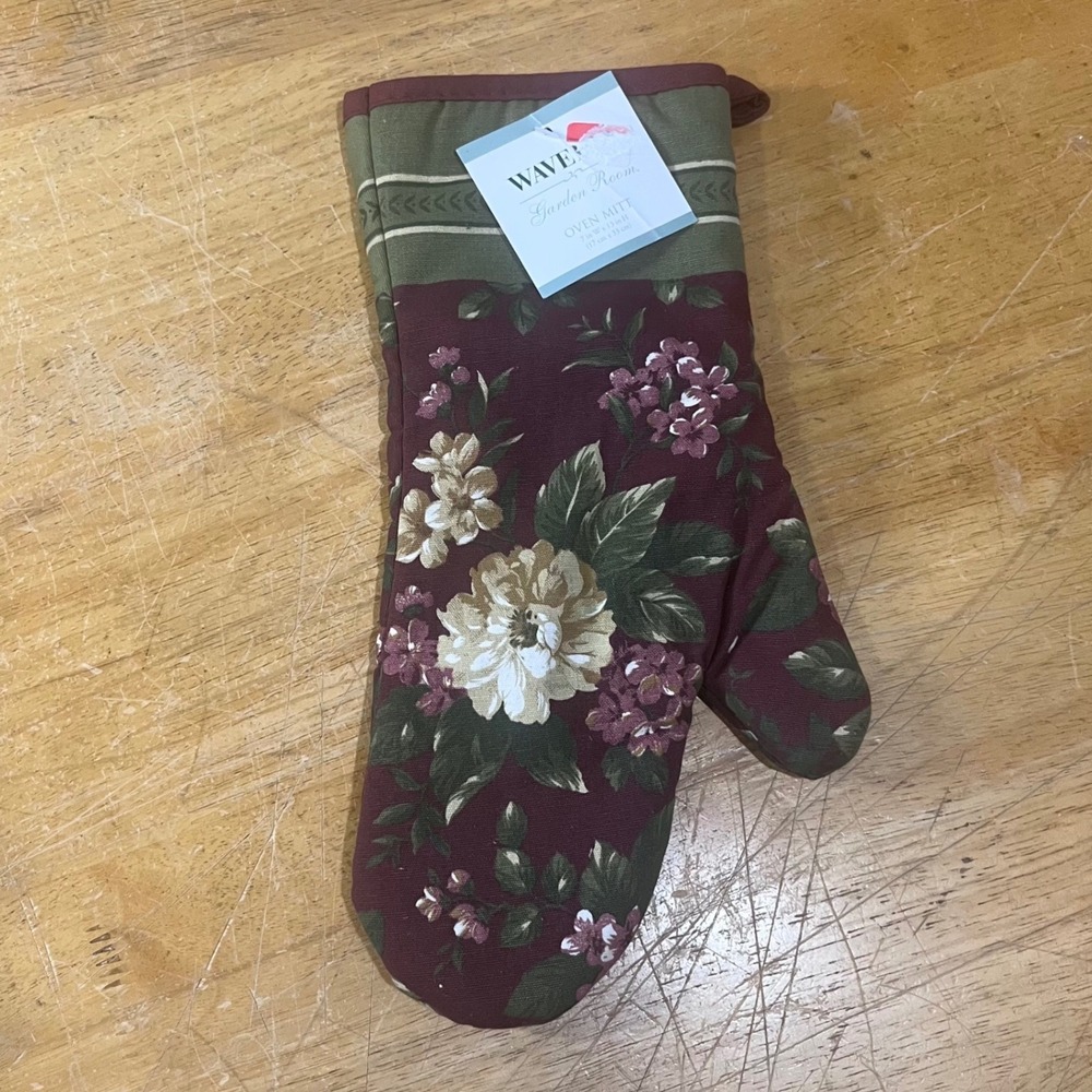 Waverly Garden Room Floral Manor Oven Mitt Burgundy Green Cotton Vtg New